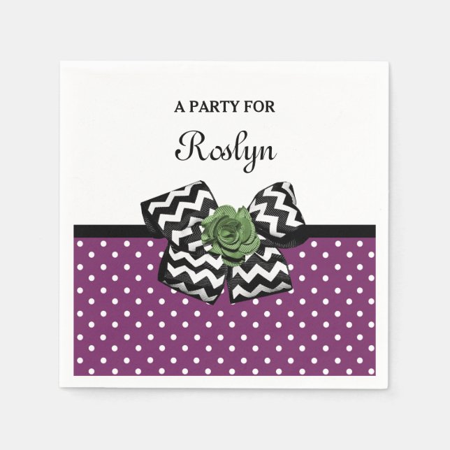 Cute Purple Dots Green Rose Chevron Bow With Name Napkin (Front)