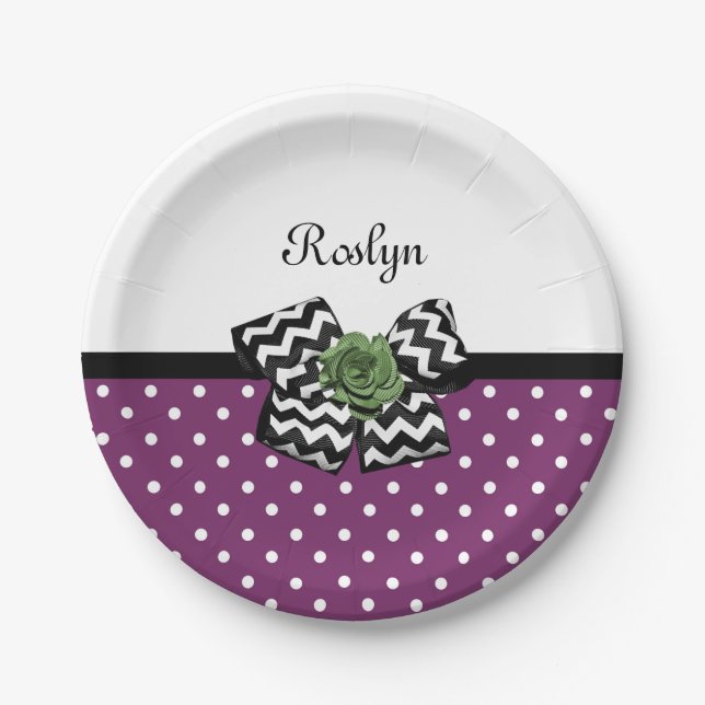 Cute Purple Dots Green Rose Chevron Bow With Name Paper Plate (Front)