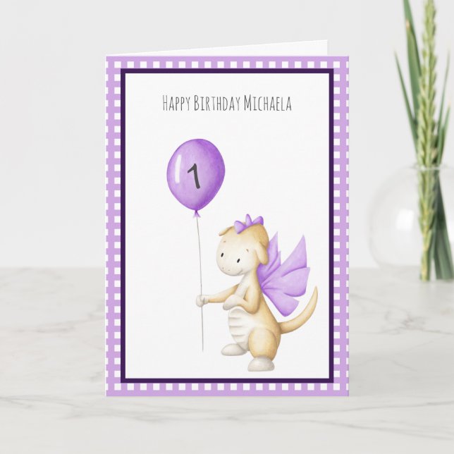 Cute Purple Dragon with Balloon First Birthday Card (Front)