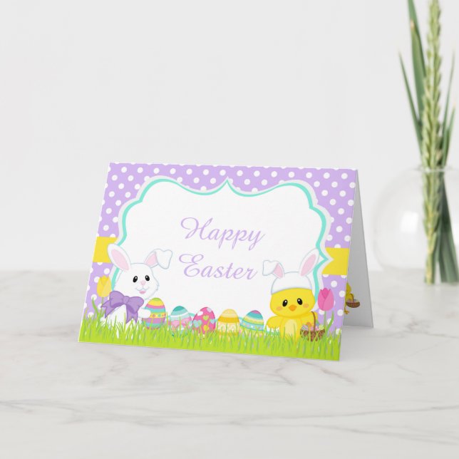 Cute Purple Easter Bunny and Chick Easter Egg Hunt Holiday Card (Front)