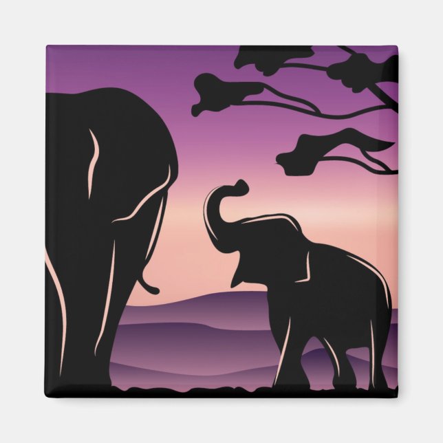 Cute Purple Elephant Family Silhouette Magnet (Front)