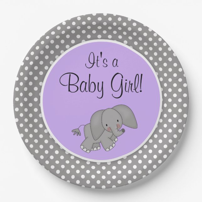 Cute Purple Elephant Girl Baby Shower Paper Plate (Front)