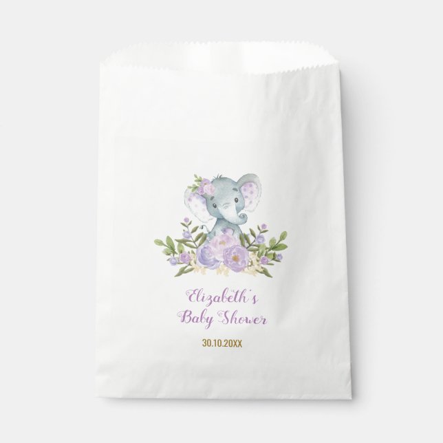 Cute Purple Elephant / Lavender Watercolor Floral Favour Bag (Front)