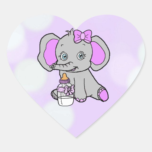 Cute Purple Elephant with baby bottle Heart Sticker (Front)