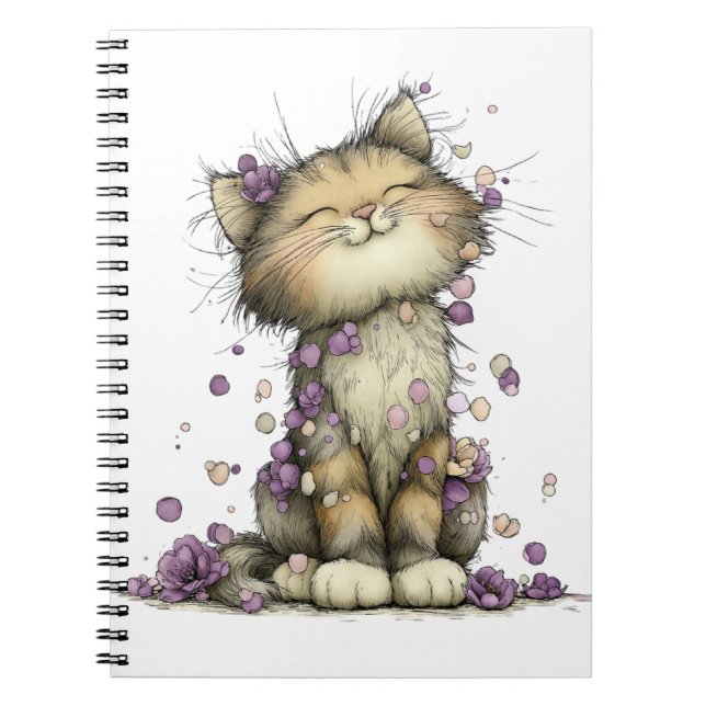 Cute Purple Floral Cat Spiral Notebook, Whimsical  Notebook (Front)