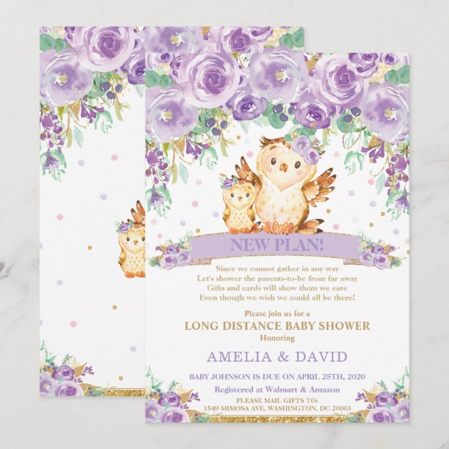 Cute Purple Floral Owl Baby Shower by Mail Invitation (Front/Back)