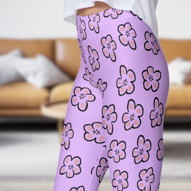 Cute Purple Floral Pattern Leggings (Modern Mimulus on Mauve)