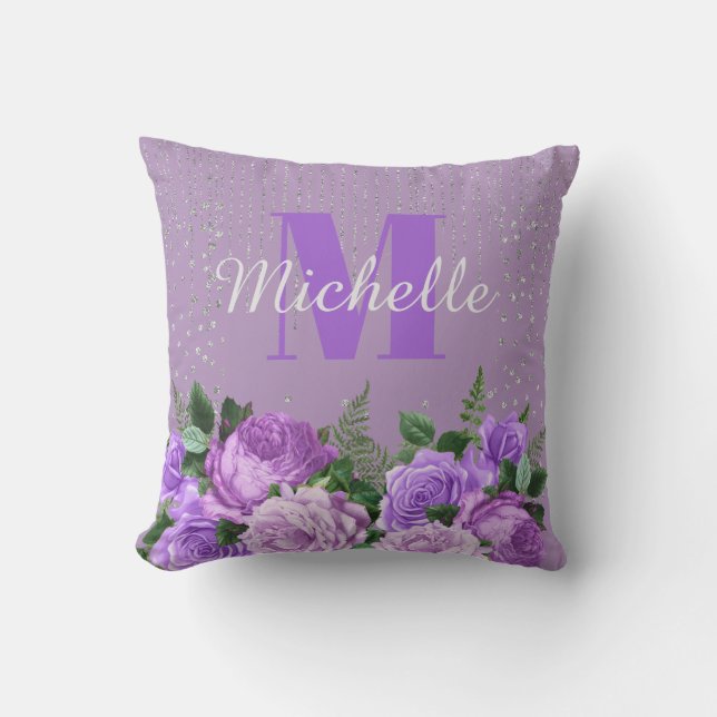 Cute Purple Floral Silver Glitter Monogram   Outdoor Pillow (Front)