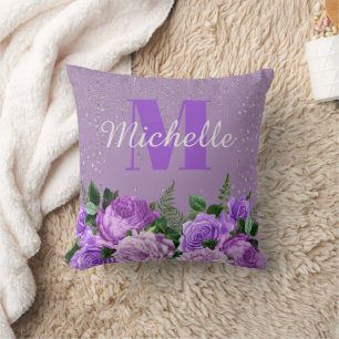 Cute Purple Floral Silver Glitter Monogram Throw Pillow