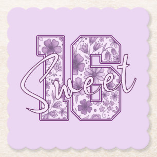 Cute Purple Floral Sweet 16 Birthday Party Paper Coaster
