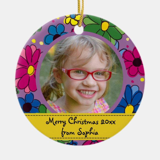 Cute Purple Flower Child's Photo Frame Christmas Ceramic Ornament (Front)