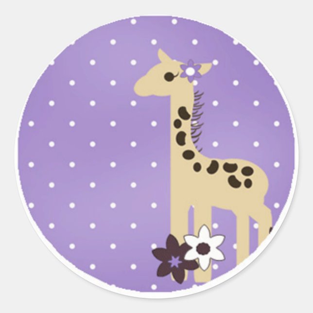 Cute Purple Flower with Giraffe Classic Round Sticker (Front)