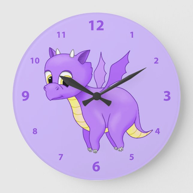 Cute Purple Flying Baby Dragon Large Clock (Front)