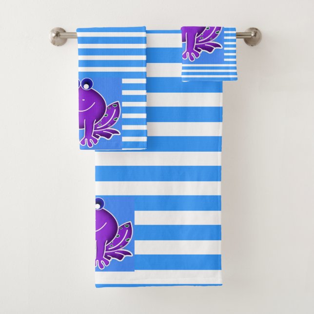 cute purple frog in blue stripes bath towel set (Insitu)