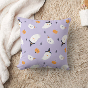 Cute Purple Ghost and Pumpkin Throw Pillow