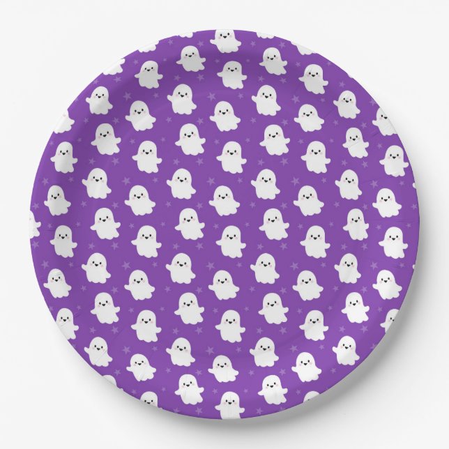 Cute Purple Ghost Pattern – Halloween Design Paper Plate (Front)