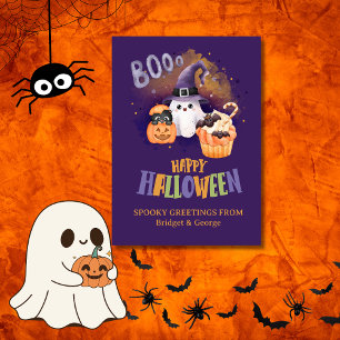 Cute purple Ghost & Pumpkin Halloween greeting  Holiday Card