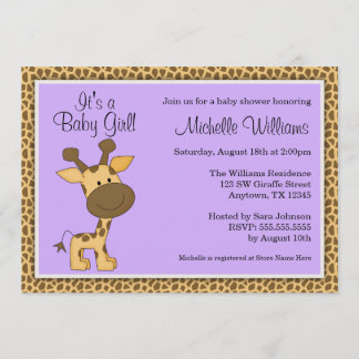 Cute Purple Giraffe Girl Baby Shower Invitation