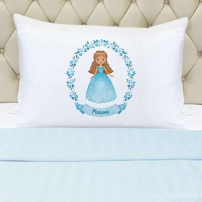 Cute Purple Girl Fairytale Princess Pillowcase (A cute girls blue princess pillowcase. Personalize it with your girls name. So cute for her bed.)