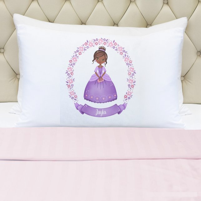Cute Purple Girl Fairytale Princess Pillowcase (A cute girls purple princess pillowcase. Personalize it with your girls name. So cute for her bed.)