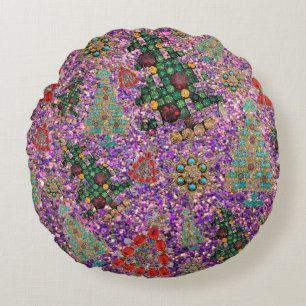 Cute Purple Glitter Christmas Trees Jewels Bling Round Pillow