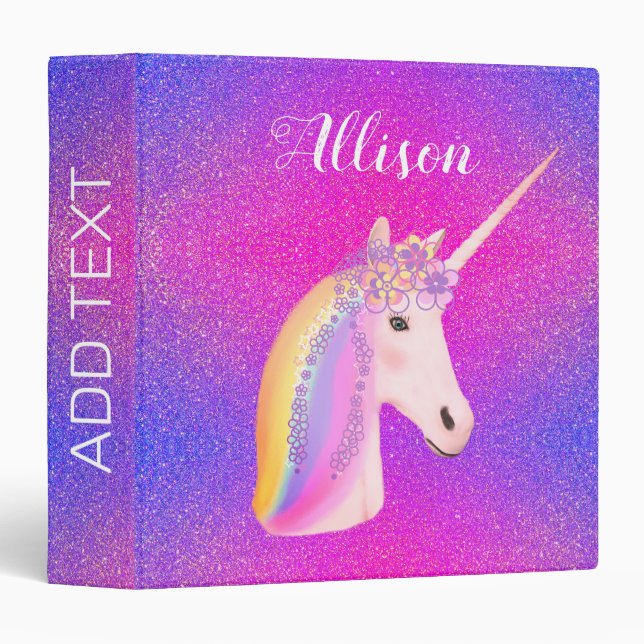 Cute Purple Glitter Unicorn Personalized Binder (Front/Spine)