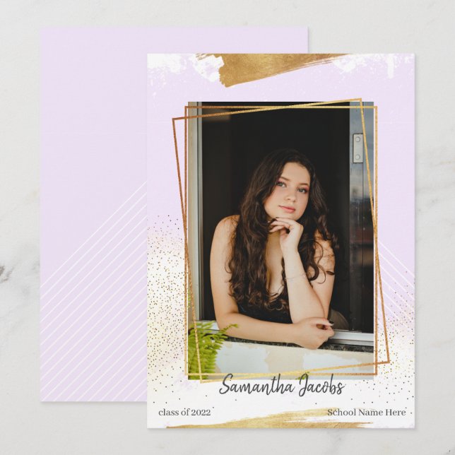 Cute Purple & Gold Framed Graduation Announcement (Front/Back)