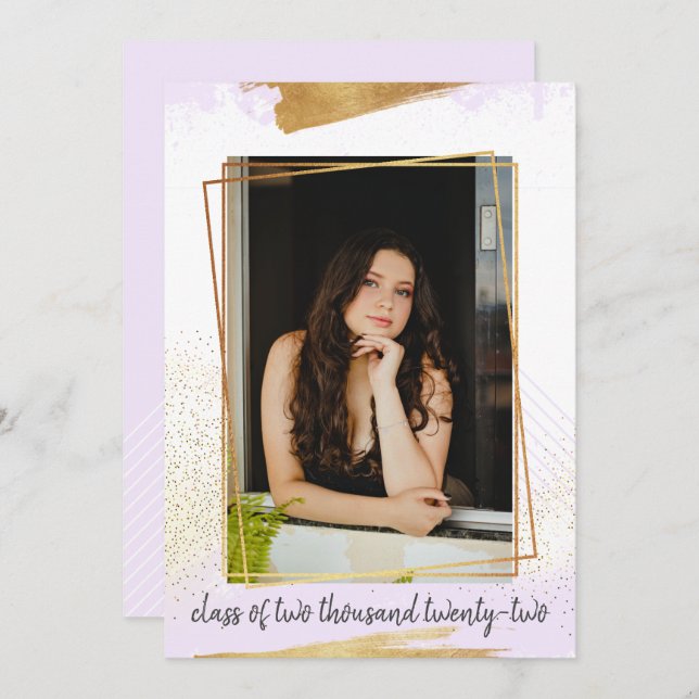 Cute Purple & Gold Framed Graduation Invitation (Front/Back)