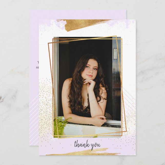 Cute Purple & Gold Framed Graduation Thank You Invitation (Front/Back)