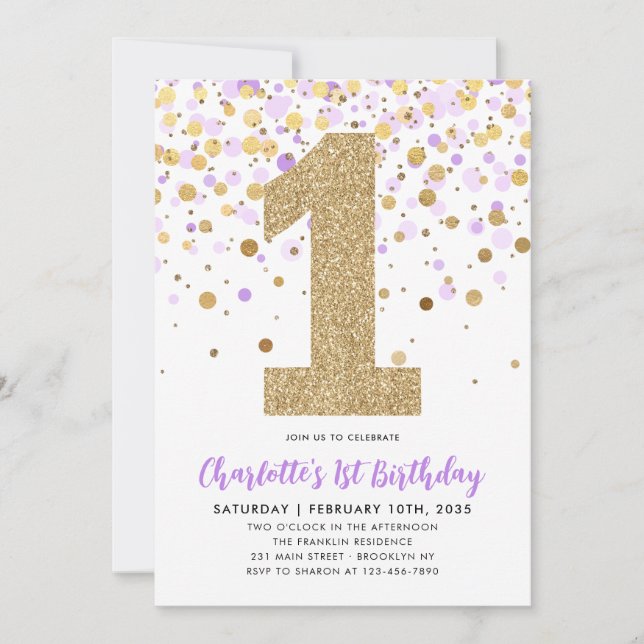 Cute Purple Gold Glitter Confetti 1st Birthday Invitation (Front)