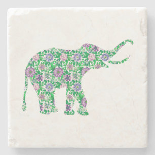 Cute Purple & Green Elephant Illustration Stone Coaster