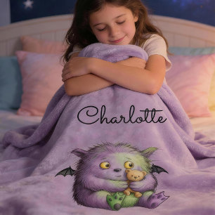 Cute Purple Green Fluffy Monster Buddy Fleece Blanket