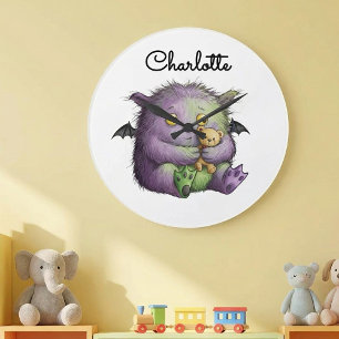 Cute Purple Green Fluffy Monster Buddy Large Clock