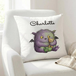 Cute Purple Green Fluffy Monster Buddy Throw Pillow