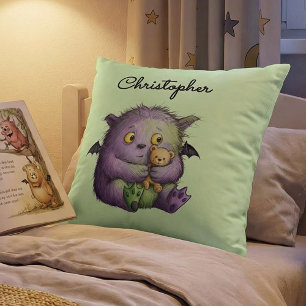 Cute Purple Green Fluffy Monster Buddy Throw Pillow