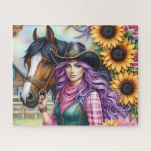 Cute Purple Hair Cowgirl Horse Sunflowers Jigsaw Puzzle