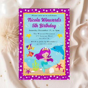 Cute Purple Haired Mermaid Kids Birthday Invitation