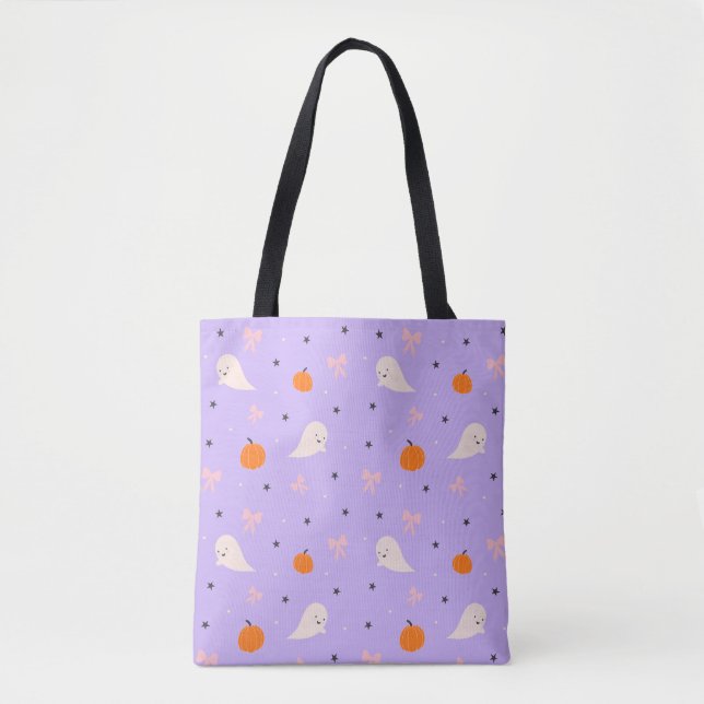 Cute Purple Halloween Ghost Pattern Tote Bag (Front)
