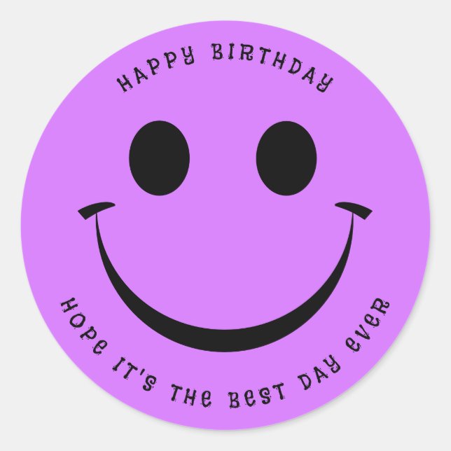 Cute Purple Happy Face Birthday Classic Round Sticker (Front)