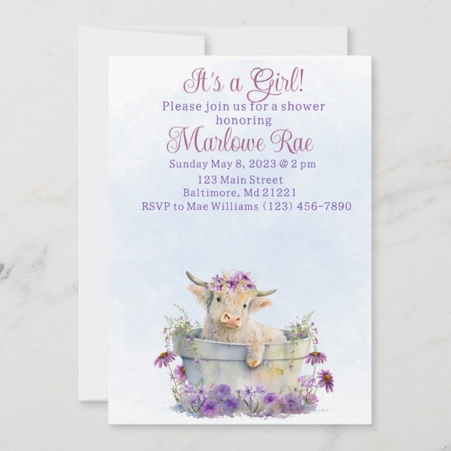 Cute Purple Highland cow baby shower invitation  (Front)