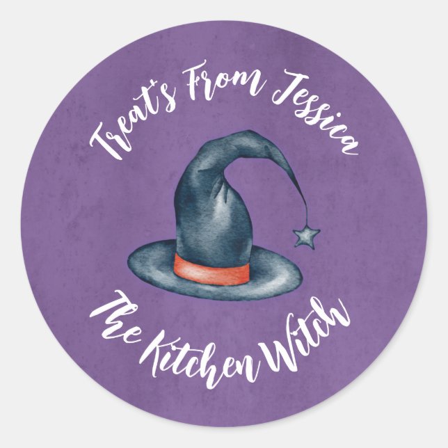 Cute Purple Kitchen Witch Halloween Baking Treats Classic Round Sticker (Front)