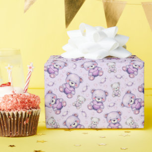 Cute Purple Love Bear and Hearts Seamless Pattern Wrapping Paper