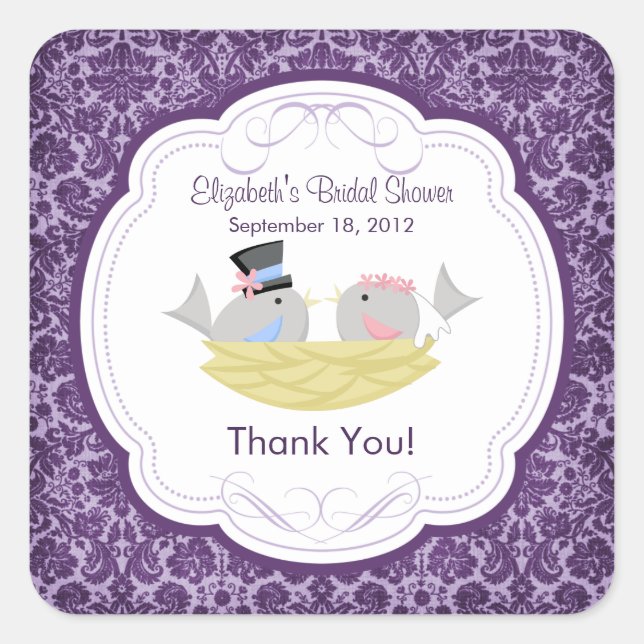 Cute Purple Love Birds Bridal Shower Square Square Sticker (Front)
