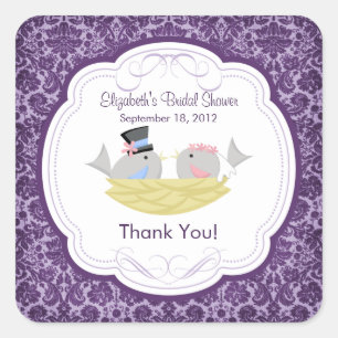 Cute Purple Love Birds Bridal Shower Square Sticker