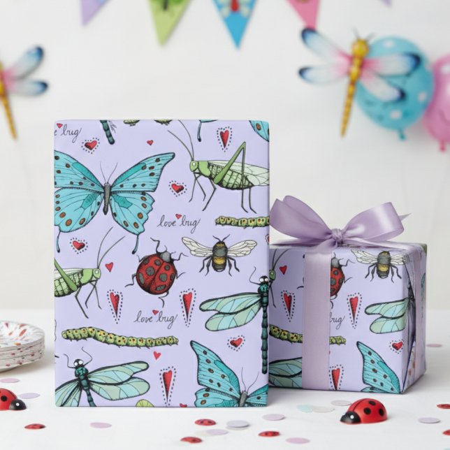 Cute Purple Love Bug Insects for Bug Lovers  Wrapping Paper (Cute Bugs Insects Wrapping Paper for Kids in Purple. Butterflies, Dragonflies, Ladybugs, Bees, Worms)
