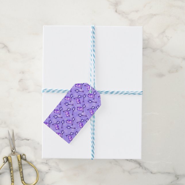 Cute Purple Love Letters & Keys Pattern Gift Tag (With Twine)