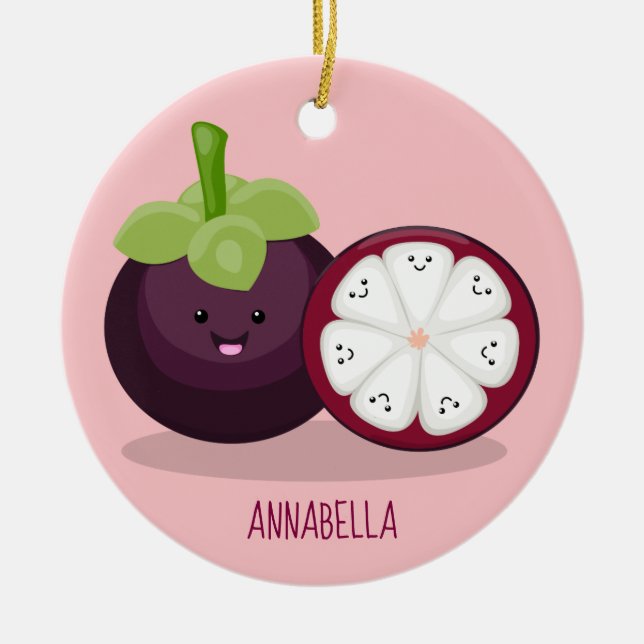 Cute purple mangosteen cartoon illustration ceramic ornament (Front)