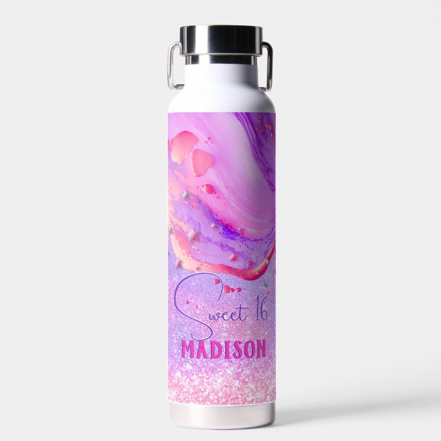 Cute purple marble art glitter monogram water bottle (Front)