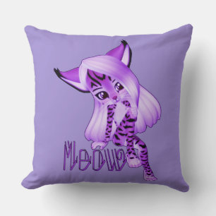 Cute Purple Meow Tiger Cat Throw Pillow