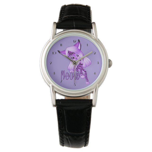 Cute Purple Meow Tiger Cat Wrist Watch (Front)